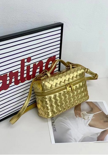 Mia Woven Leather Long Beauty Case Gold