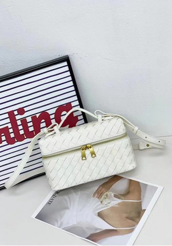 Mia Woven Leather Long Beauty Case White