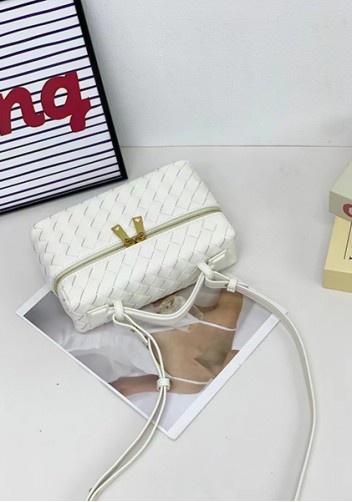 Mia Woven Leather Long Beauty Case White