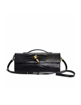 Allegria Long Clutch With Handle Croc Leather Bag Black