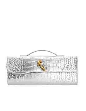 Allegria Long Clutch With Handle Croc Leather Bag Silver