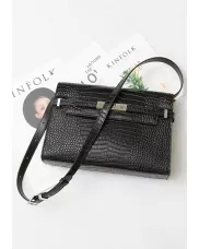 Ivana Crocodile Leather Shoulder Bag Black silver Hardware