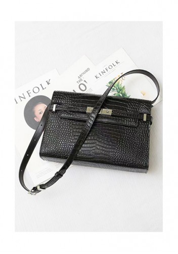 Ivana Crocodile Leather Small Shoulder Bag Black silver Hardware