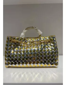 Allegria Woven East West Vegan Leather Shoulder Bag Gold Silver