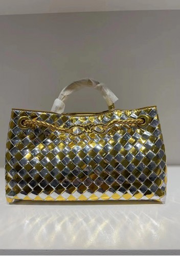 Allegria Woven East West Vegan Leather Shoulder Bag Gold Silver