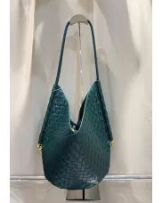 Mia Woven Vegan Leather Slim Small Shoulder Bag Dark Green