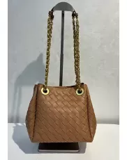 Mia Chute Woven Leather Small Shoulder Bag Camel