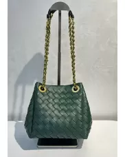 Mia Chute Woven Leather Small Shoulder Bag Dark Green