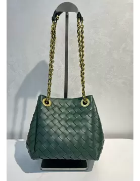 Mia Chute Woven Leather Small Shoulder Bag Dark Green