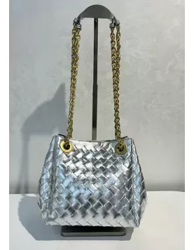 Mia Chute Woven Leather Small Shoulder Bag Silver