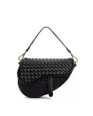 Mia Saddle Woven Leather Shoulder Bag Black