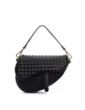 Mia Saddle Woven Leather Shoulder Bag Black