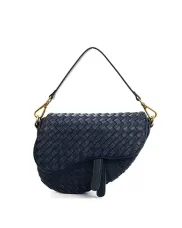 Mia Saddle Woven Leather Shoulder Bag Blue