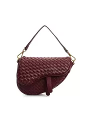 Mia Saddle Woven Leather Shoulder Bag Burgundy