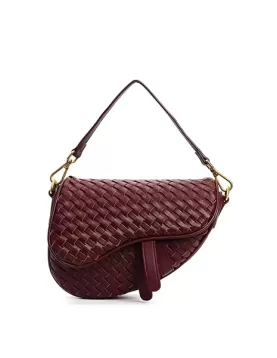 Mia Saddle Woven Leather Shoulder Bag Burgundy