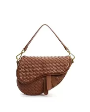 Mia Saddle Woven Leather Shoulder Bag Camel