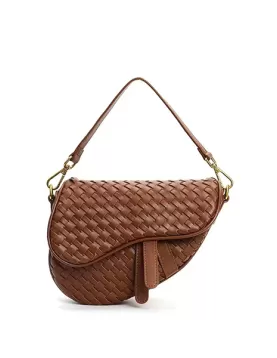 Mia Saddle Woven Leather Shoulder Bag Camel