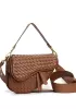 Mia Saddle Woven Leather Shoulder Bag Camel