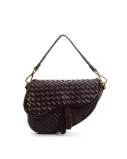 Mia Saddle Woven Leather Shoulder Bag Choco