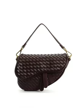 Mia Saddle Woven Leather Shoulder Bag Choco