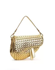 Mia Saddle Woven Leather Shoulder Bag Gold