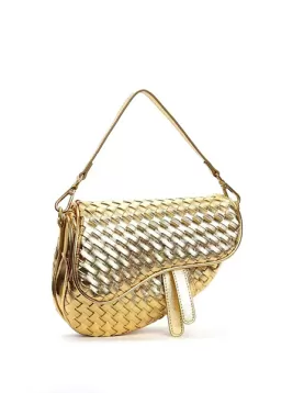 Mia Saddle Woven Leather Shoulder Bag Gold