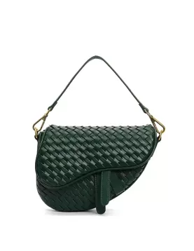 Mia Saddle Woven Leather Shoulder Bag Green