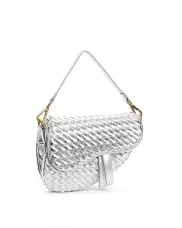 Mia Saddle Woven Leather Shoulder Bag Silver