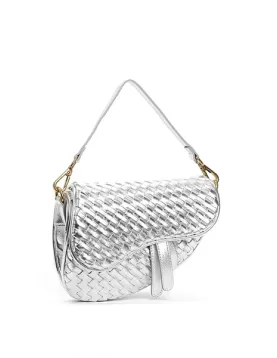 Mia Saddle Woven Leather Shoulder Bag Silver