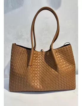 Mia Gallery Woven Leather Shoulder Large Bag Camel