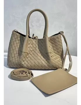 Mia Gallery Woven Leather Shoulder Small Bag Beige