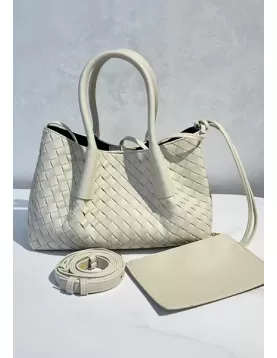 Mia Gallery Woven Leather Shoulder Small Bag Cream