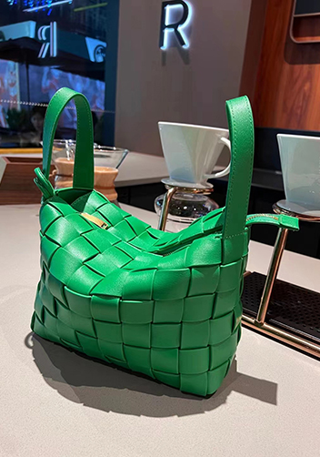 Mia Woven Leather Bowling Shoulder Bag Green